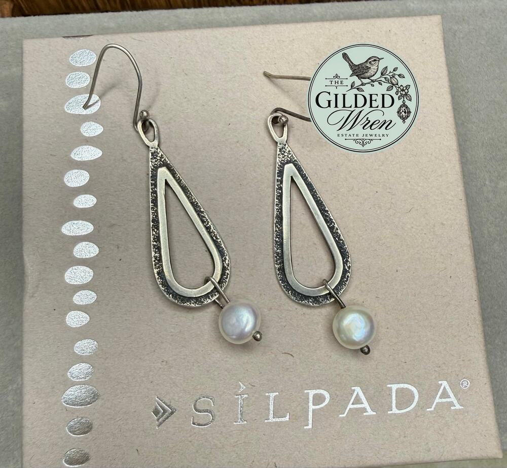 Silpada W1388 Sterling Silver Pearl Teardrop Dangle Earrings Textured 925